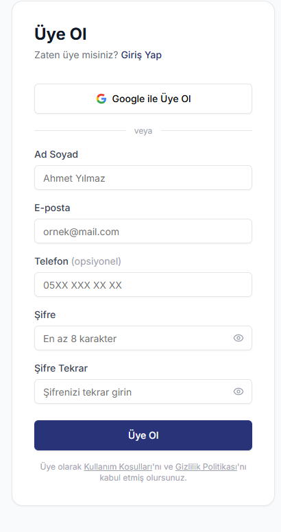 Kayıt sayfası
